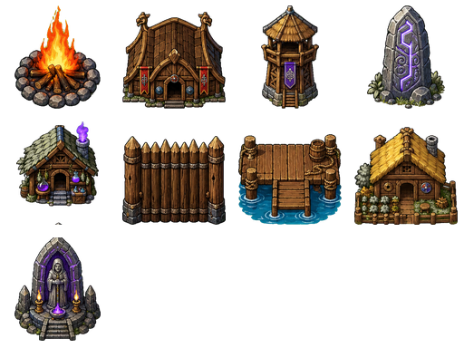 Herja building sprite sheet with campfire, longhouse, watchtower, rune stone, alchemy hut, palisade, dock, farmstead, and shrine