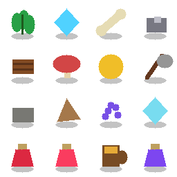 Herja item sprite sheet with resources, drops, potions, and tonics